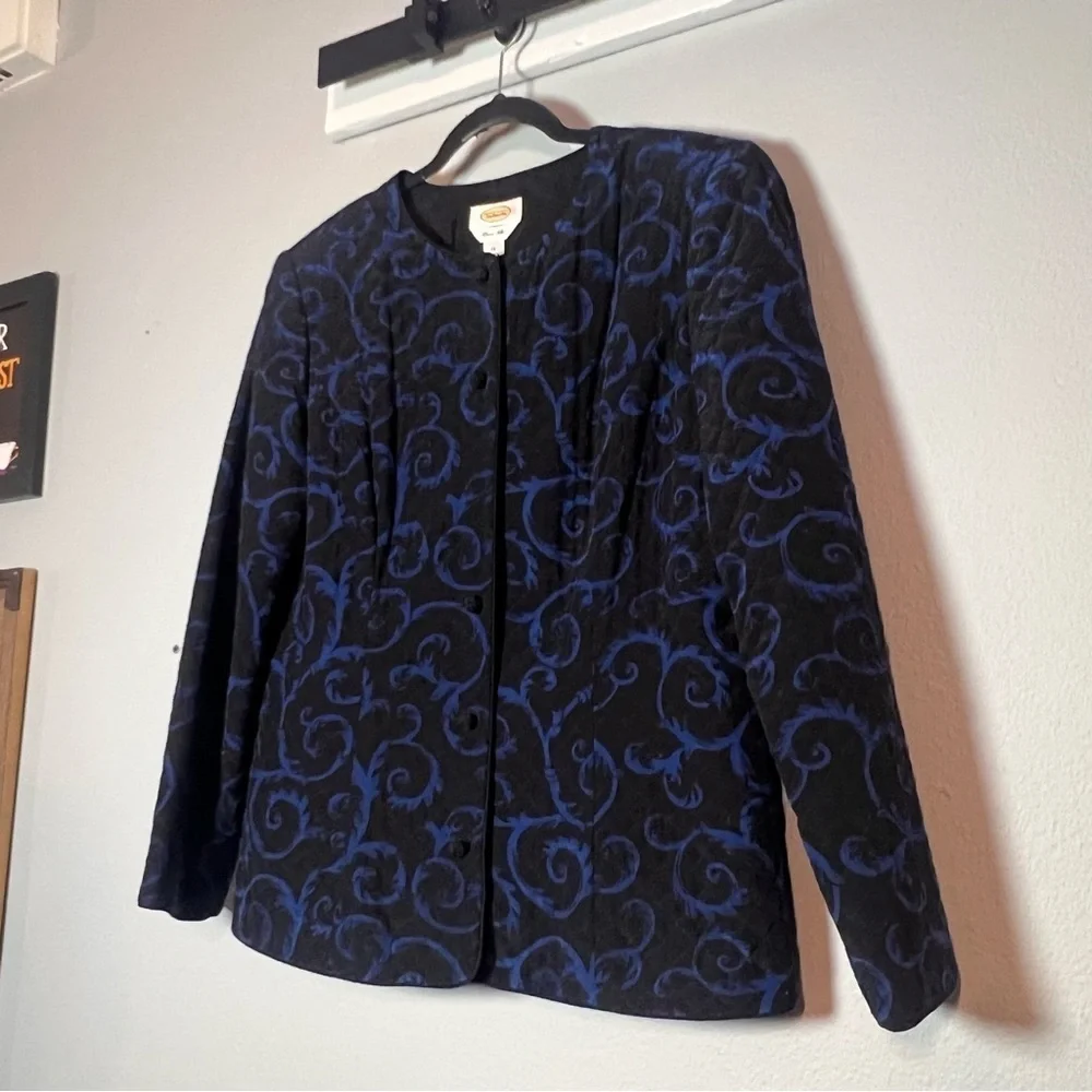 Talbots Quilted Blazer Jacket Button Up Blue Black Silk Swirl Size 14 Flaw